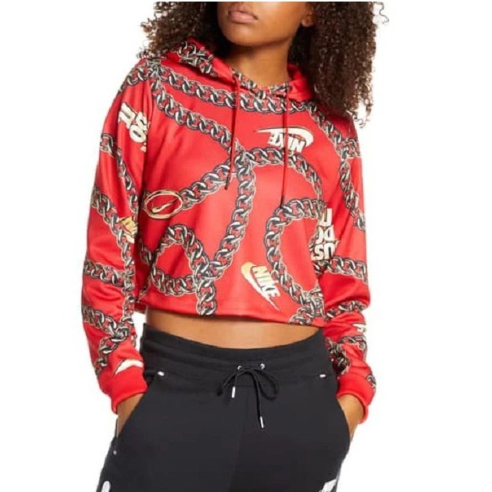 Nike Icon Clash Cropped Hoodie‎ Red Chains Just Do It Rapper Streetwear Size XS